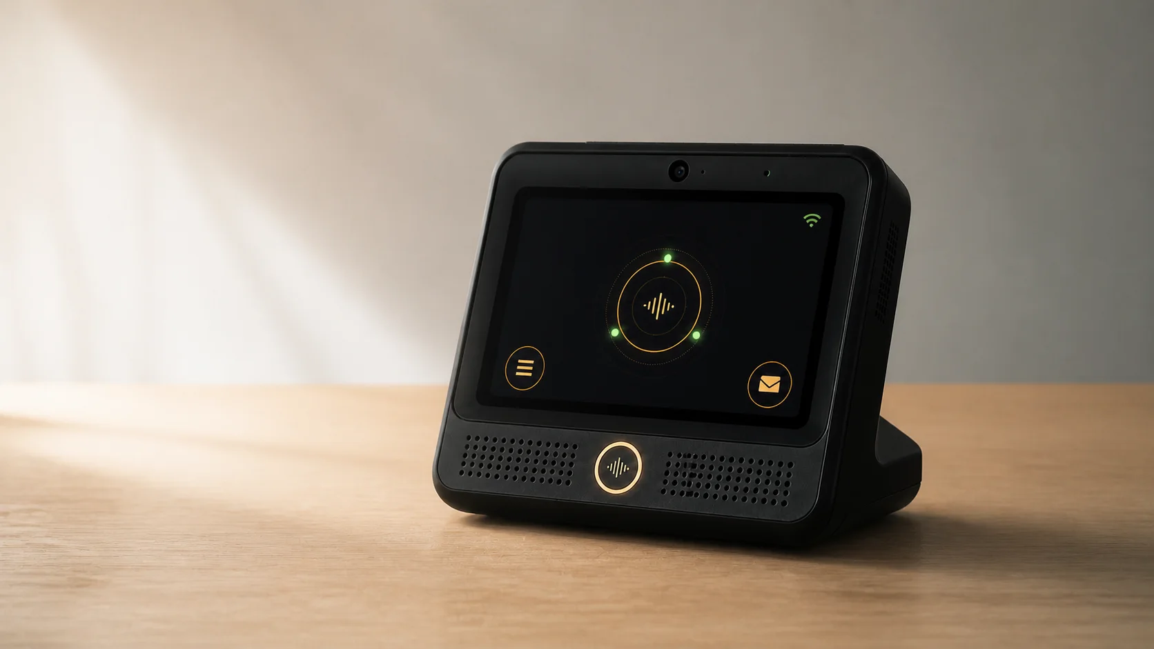 Hermes ESP32-S3 桌面终端放置在浅色木桌上的产品场景